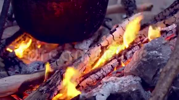 海滩上的篝火有食物的水壶着火了视频的预览图