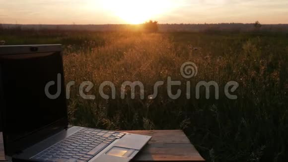 笔记本电脑位于日落时美丽的植物领域移动摄像机视频的预览图