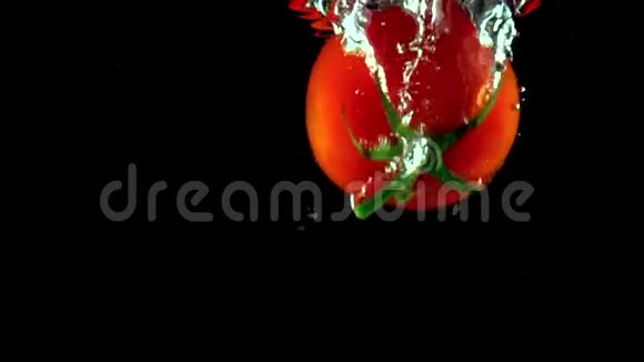 单瓣红色成熟番茄绿叶落在水中超级慢视频的预览图