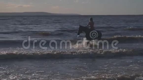 穿着比基尼的年轻女子骑着马在河里的水中视频的预览图