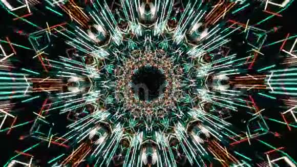 黑色背景下霓虹灯几何图案的全息隧道催眠抽象动画视频的预览图