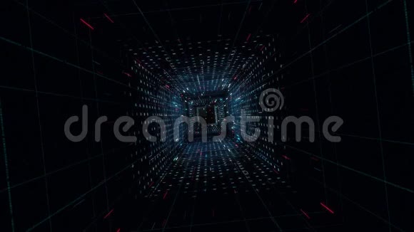 带有发光条纹的虚拟霓虹灯隧道动画3D浸泡在广场隧道的网络空间中流光溢彩视频的预览图