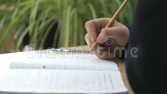 女生用铅笔在笔记本上写课文视频的预览图