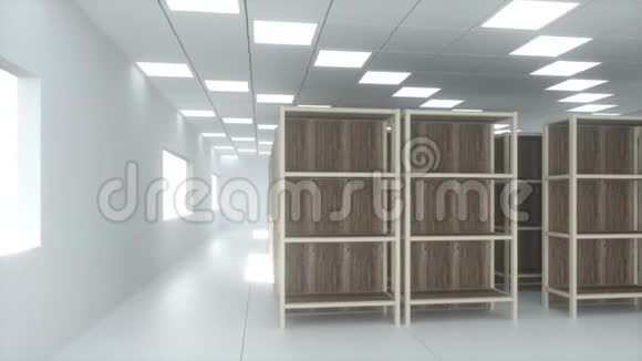 一排排书架放在明亮的房间里三维渲染视频的预览图