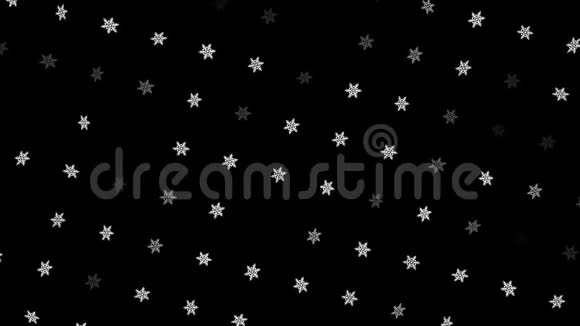 美丽的白色雪花在黑色背景上移动和旋转无缝循环动画一排排旋转的圣诞视频的预览图