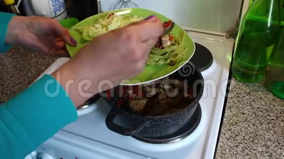 女人把准备好的菜放在盘子里意大利面生菜和鸡肉胡萝卜和核桃视频的预览图