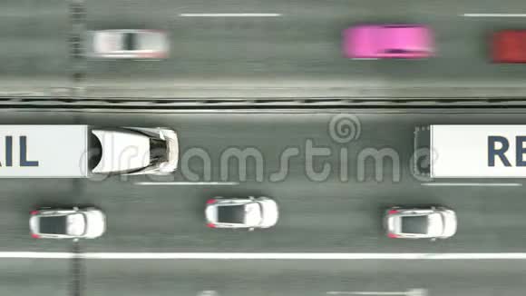 高空俯视拖车卡车与RETAIL文字沿公路行驶循环三维动画视频的预览图