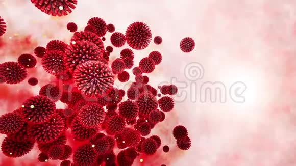 粘膜红色冠状病毒三维模型4k循环平滑动画病毒漂浮在液体中科学视频的预览图
