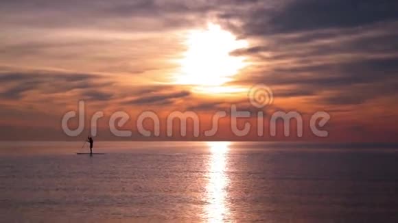 海上日落日落时冲浪板上的男式剪影鸟儿飞过海面视频的预览图
