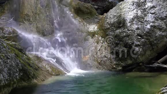 前面的瀑布在小山河流动在石质河床覆盖苔藓春天纯净的淡水视频的预览图