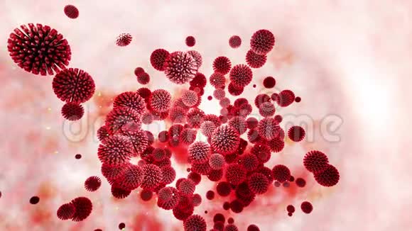 粘膜红色冠状病毒三维模型4k循环平滑动画病毒漂浮在液体中科学视频的预览图