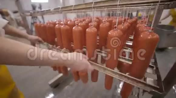 食品仓库工人把香肠放在食品厂仓库的架子上视频的预览图