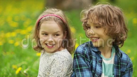 兄妹俩坐在蒲公英的草地上青春的爱男孩和女孩春天的热温柔的感情视频的预览图