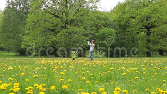 一个带着孩子的年轻女人正带着蒲公英在田野里走来走去视频的预览图