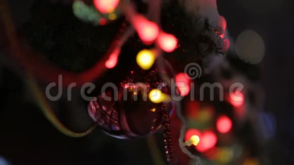新年和圣诞街装饰在一棵毛皮树上视频的预览图
