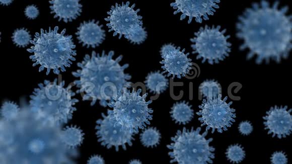 3D绘制动画蓝色细胞的细菌或covid19病毒细胞随机移动和旋转的黑色视频的预览图