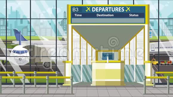 机场大门离开董事会与拉斯维加斯的文字前往美国有关可循环卡通动画视频的预览图