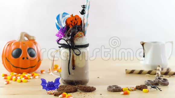 在万圣节的趋势上怪物用糖果饼干和棒棒糖装饰视频的预览图