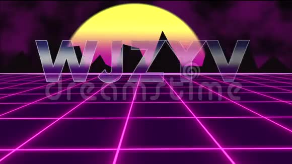 美丽的紫色未来派80s合成波与太阳网格背景视频的预览图