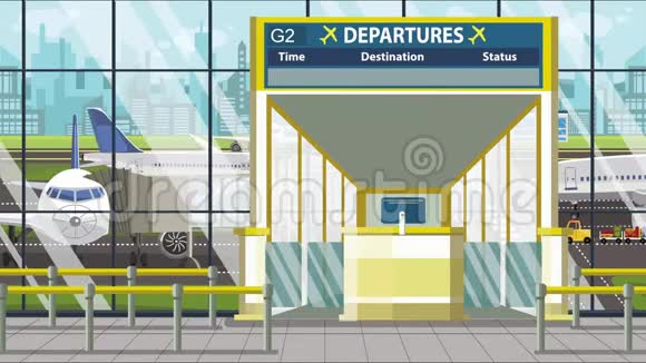 乘坐机场起飞航班飞往伦敦访问英国可循环卡通动画视频的预览图