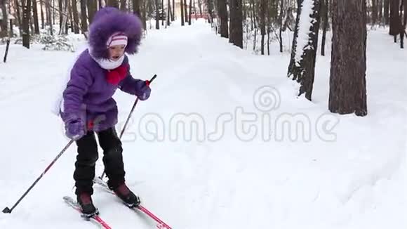 女孩正在森林里滑雪视频的预览图