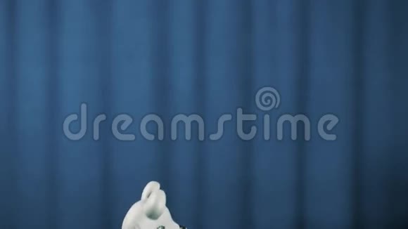 老鼠手偶玩具走楼梯在蓝色背景下挥手鞠躬视频的预览图