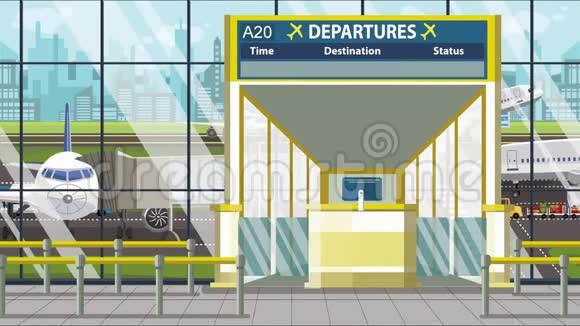 机场起飞板与凤凰字幕旅行在美国相关的可循环卡通动画视频的预览图