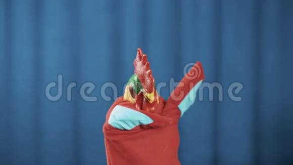 公鸡手偶在蓝色背景下挥舞配音和愚弄视频的预览图