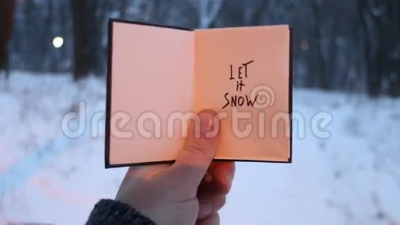 让它下雪吧圣诞书法手写的手拿着一本有铭文的书在书的背景上视频的预览图