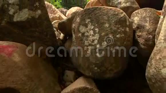 公园内河边大型棕色巨石群视频的预览图