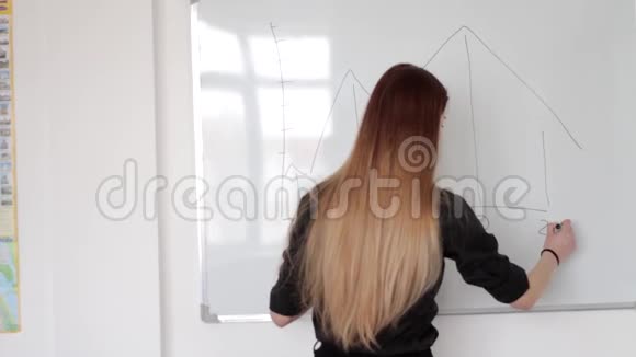 年轻貌美的女人用记号笔解方程在白板上画出图形视频的预览图