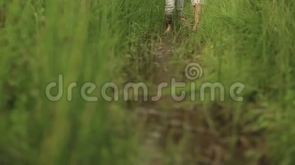 一对美丽的情侣穿着传统的乌克兰服装光着脚在绿色的春田里散步手牵手视频的预览图