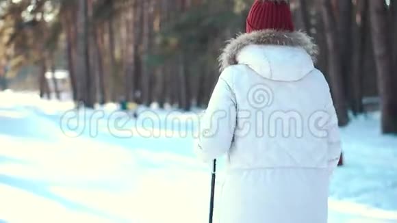 在冬季公园散步的北欧老妇人视频的预览图