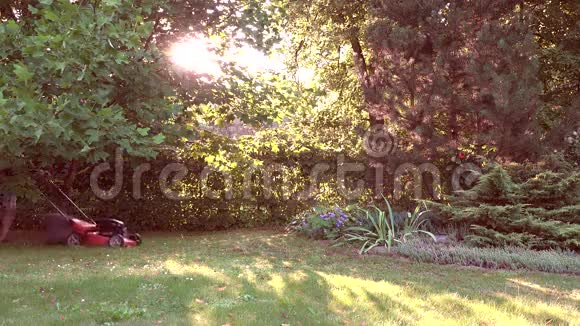 年轻的园丁在院子里美丽的傍晚阳光下割草4K视频的预览图