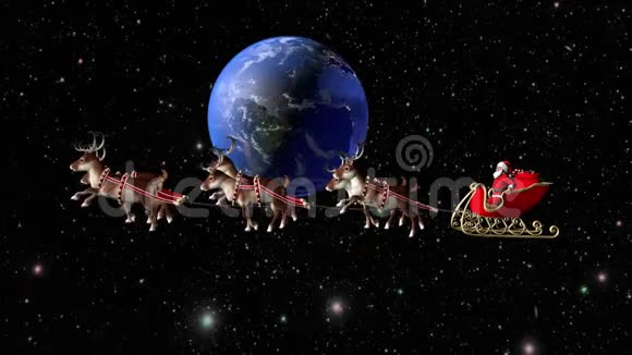 圣诞老人用鹿拉的雪橇运送礼物绕着地球飞行的美妙3D渲染视频的预览图