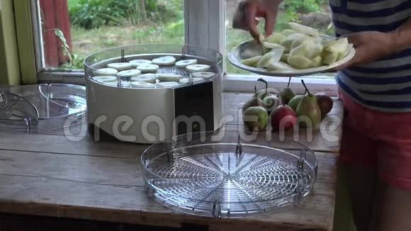 农家女手把切好的梨子放进水果烘干机里4K视频的预览图