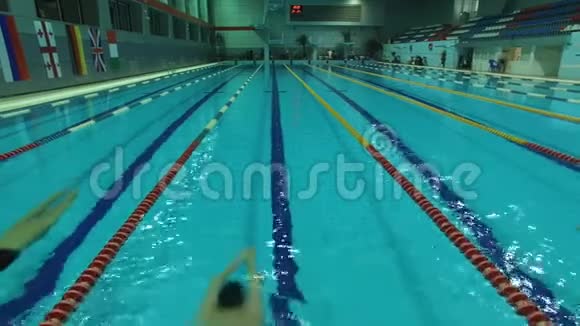 游泳运动员在三个人的泳池里比赛视频的预览图