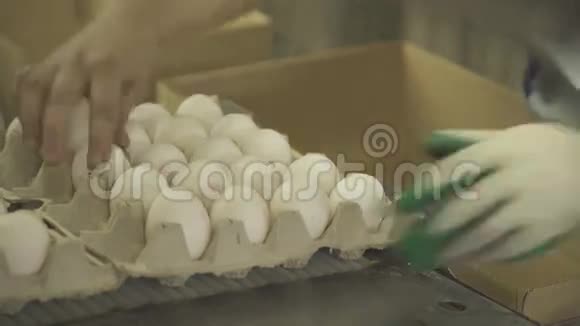 工人妇女将纸板容器与鸡蛋折叠在盒子里视频的预览图