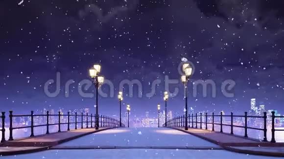 4K冬季雪夜的桥梁和城市天际线视频的预览图