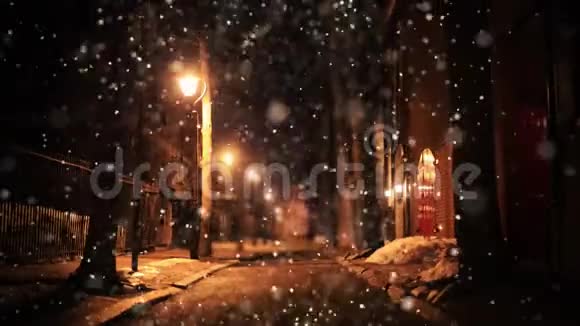 夜幕降临冬日的街道上有路灯照亮视频的预览图