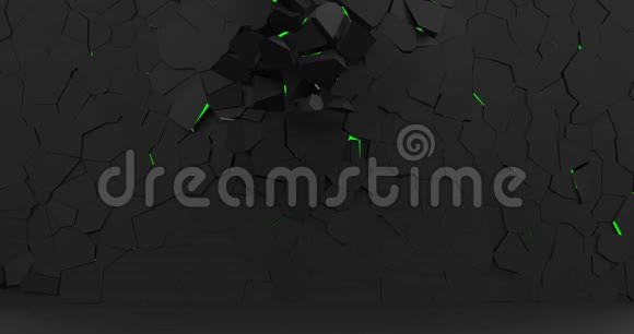 黑墙断裂碎片慢慢落地绿色屏幕老格朗日风化墙背景视频的预览图