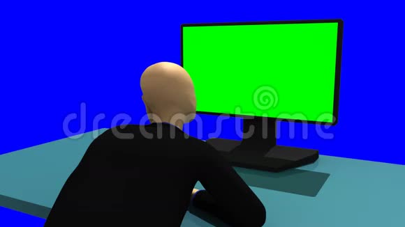 一个3dman坐在绿色屏幕前的动画视频的预览图