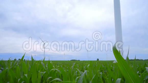 风力涡轮机领域在农场里的风力涡轮机上视频的预览图