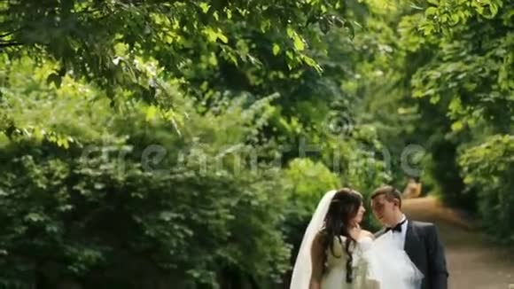 美丽的新娘和她优雅的新郎在浪漫的阳光明媚的夏天公园散步带慢镜头的室外镜头视频的预览图