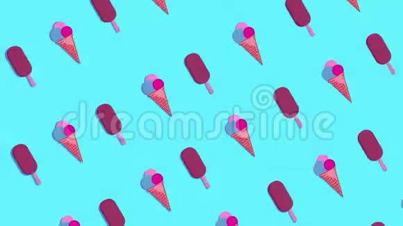 霓虹灯在视频动画与冰淇淋锥冰棒在蓝色背景视频的预览图