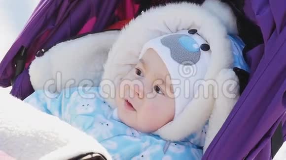 冬天婴儿车上可爱的婴儿画像视频的预览图