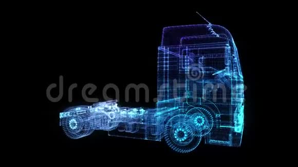 欧元卡车三维模型卡车的发光点线和网格形成4k动画循环无缝视频的预览图