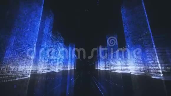明亮的数字城市线框明亮的蓝色和白色由粒子连接在线和捣碎成视频的预览图