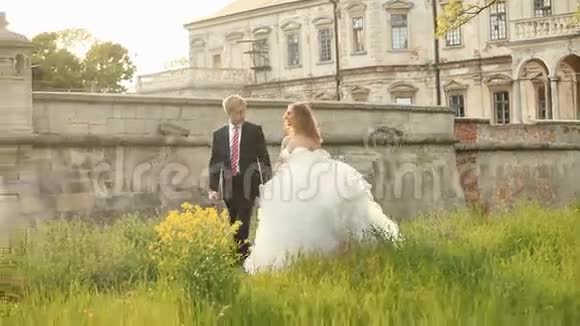 新婚夫妇幸福地在巴洛克式古色古香的宫殿附近的绿色草坪上散步视频的预览图