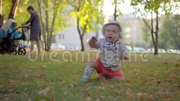 巴拿马的婴儿怒不可遏挥舞着手臂爬行户外公园视频的预览图